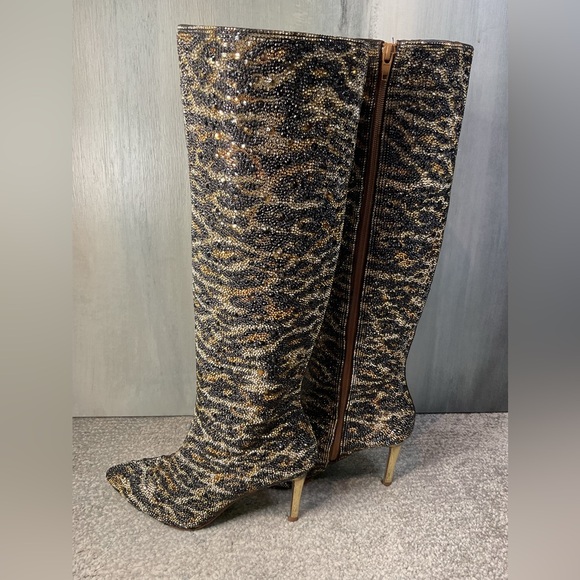 Betsey Johnson Brea Leopard Rhinestone Tall Boots NIB Stiletto Pointed Toe - Picture 6 of 14